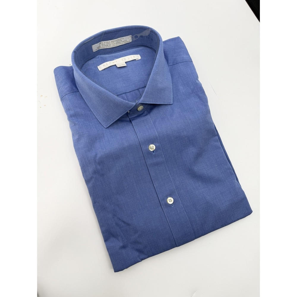Perry Ellis Dress Shirt Mens 16 34/35 Blue Spread Collar Business 100% Cotton